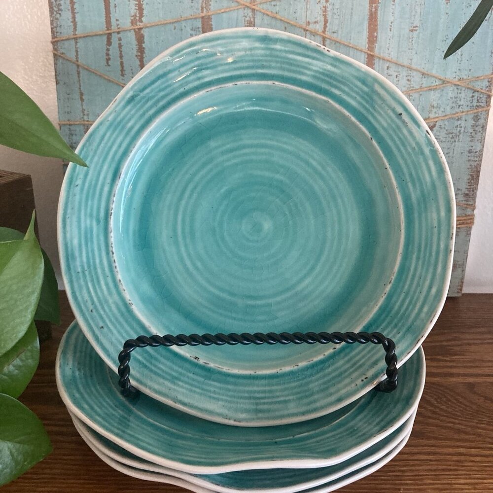 PIER 1 Midori Crackle Turquoise Salad Plates Set Of 4 New